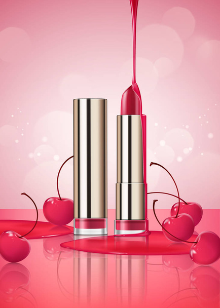 Cherry lipstick ads with glossy liquid dripping down from top in 3d illustration on bokeh pink background - ベクター画像
