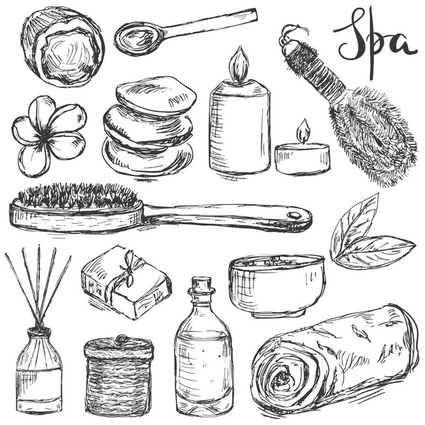 Set of hand drawn spa and beauty related products like bottles,brushes, soap, candles and other - Vector, Imagen