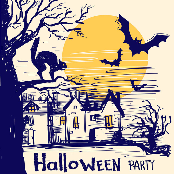 Tarjeta de fiesta de Halloween con castillo y árbol viejo. Ilustración dibujada a mano vectorial con texto
 - Vector, imagen