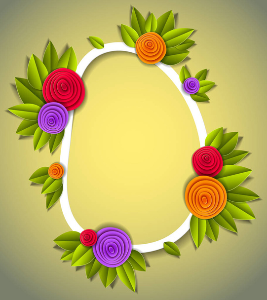 Background with flowers and autumn leaves in paper cut style - Vector, Imagen