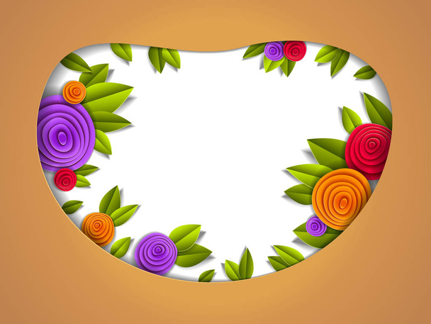 Background with flowers and autumn leaves in paper cut style - Διάνυσμα, εικόνα