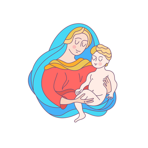 Благословенна Діва Марія в червоній туніці і блакитній вуаль. Мадонна тримає немовля Ісуса. Приклад вектора. - Вектор, зображення