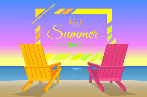 Hete zomerdagen Poster met ligbedden op strand Frame - Vector, afbeelding