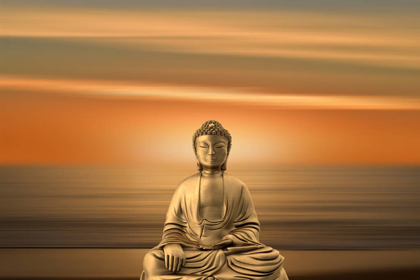 Фигура Будды на фоне красивого восхода солнца в море
 - Фото, изображение