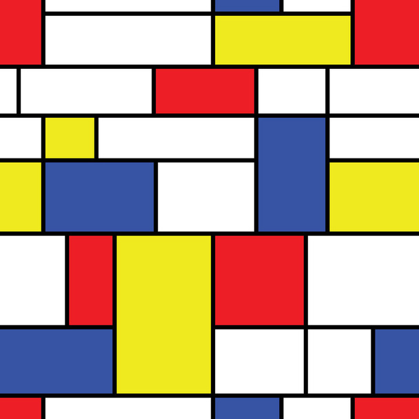 Naadloze abstracte geometrische kleurrijke mozaïek vector patroon voor continu repliceren. Abstract modern schilderij in mondrian stijl, rood, blauw en geel naadloze patroon - Vector, afbeelding