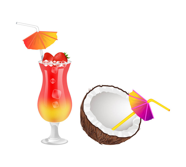Strawberry Cocktail and Half of Coconut with Straw - Διάνυσμα, εικόνα
