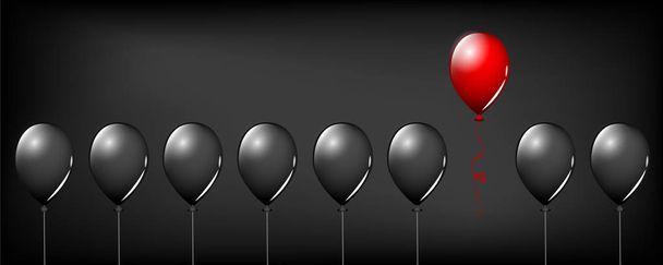 κόκκινο μπαλόνι πετάξει μακριά από μαύρα μπαλόνια σε μαύρο φόντο διαφορετική αντίληψη σχεδιασμού - Διάνυσμα, εικόνα