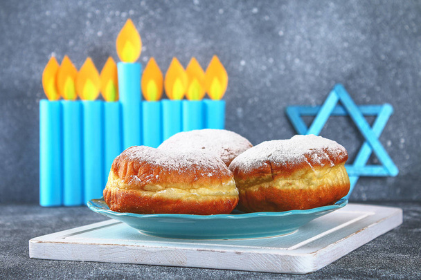 Jewish holiday Hanukkah and its attributes, menorah, donuts, Star of David - Fotografie, Obrázek