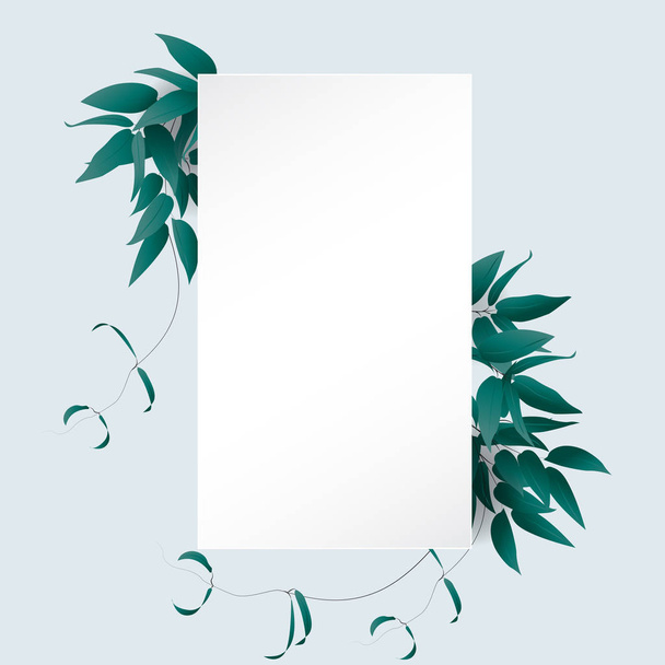 Белая бумажная рамка для текста, украшенного летними зелеными листьями. Векторная иллюстрация
. - Вектор,изображение