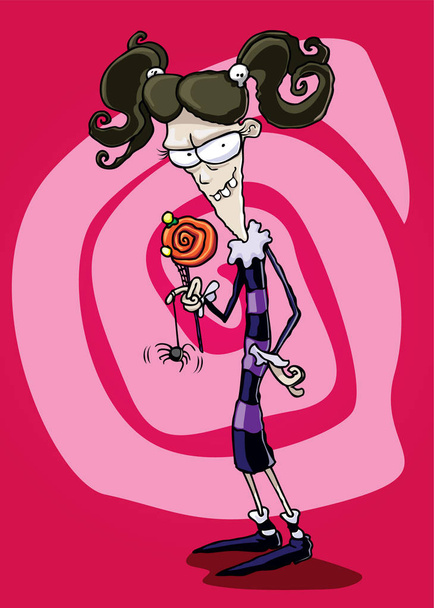 Chica espeluznante con su piruleta y su mascota araña
 - Vector, imagen