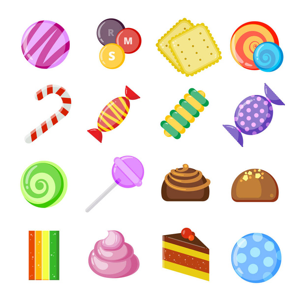 Sweets collection. Caramel and chocolate wrapped colored candies biscuits cakes vector cartoon illustrations isolated - Vector, Image