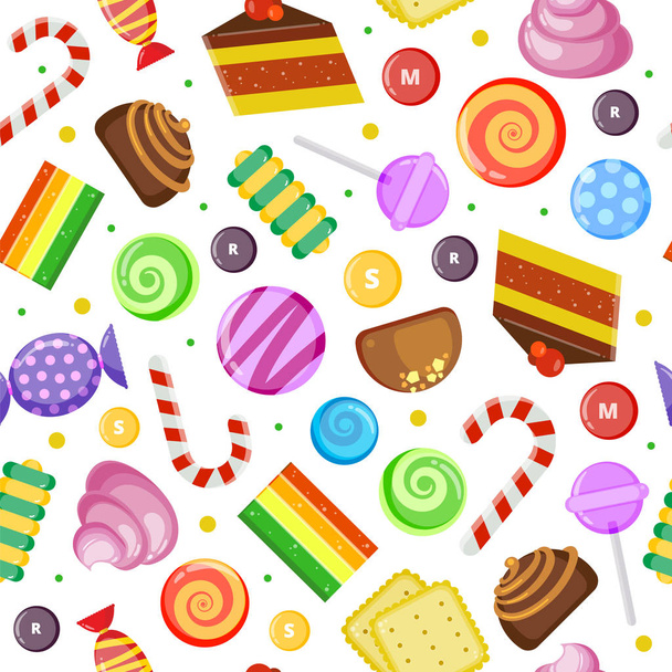 Sweets pattern. Biscuits cakes chocolate and caramel candies wrapped and colored textile design on light background - Vector, imagen