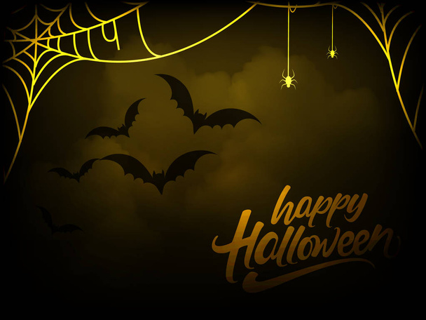 Glückliche Halloween-Grußkarten-Vorlage mit frittierenden Fledermäusen und Spinnen in der Nacht, Vektorillustration - Vektor, Bild