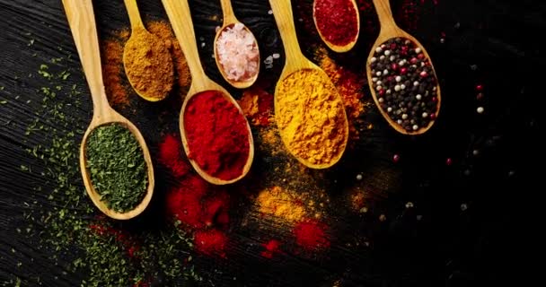 Different types of spices in spoons - Footage, Video