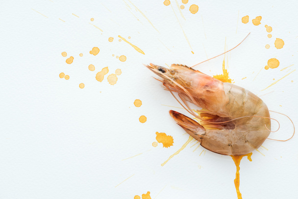 top view of raw shrimp on white surface with watercolor blots - Foto, afbeelding