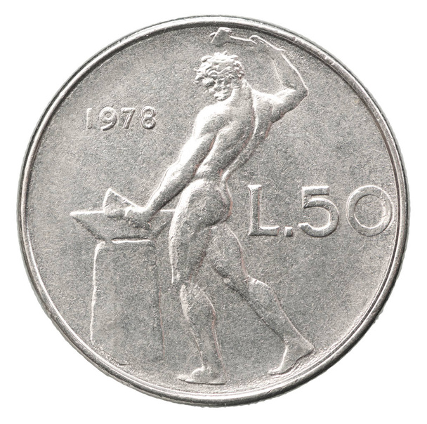 50 Italian Lira z wizerunkiem Vulcan w kowadło na białym tle na białym tle - Zdjęcie, obraz