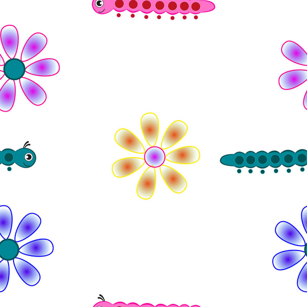 Seamless pattern of cartoon caterpillar and flower isolated white background. - Vektör, Görsel