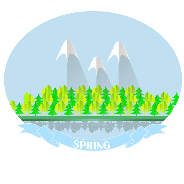 Spring forest and mountain landscape typography banner. Blue sky, green trees reflected in the water. Flat design, beautiful stock vector illustration for web, for print - Vector, Image