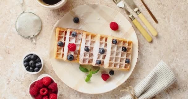 Waffles served on plate with berries - Footage, Video