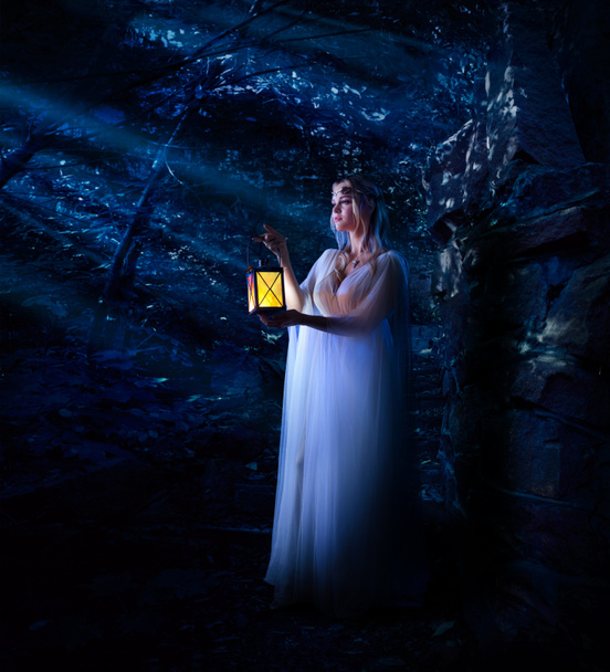 Young elf girl in night forest version - Φωτογραφία, εικόνα