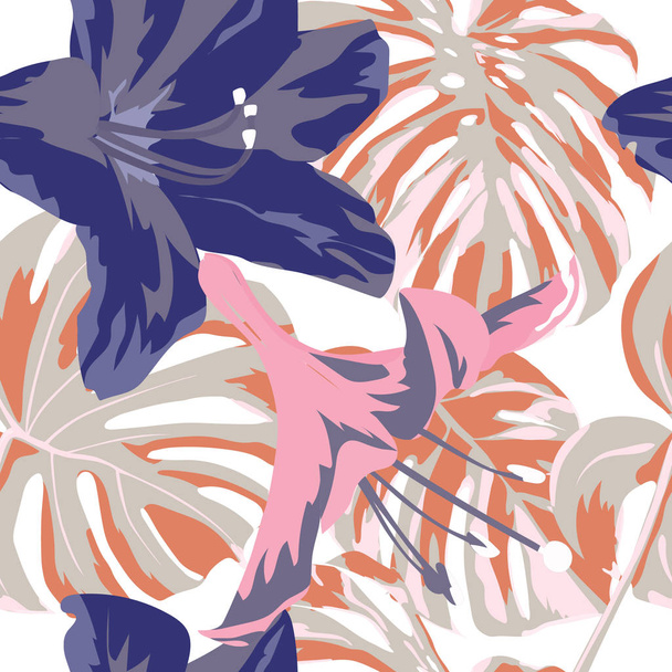 Tropical Print. Jungle Seamless Pattern. Vector Tropic Summer Motif with Hawaiian Flowers.  - Vektor, kép