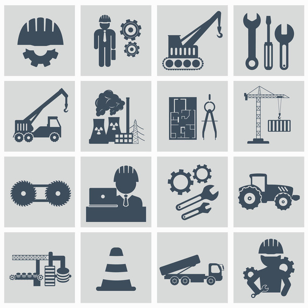 Engineering icon set. Engineer construction equipment machine operator managing and manufacturing icons. Flat vector illustration - Vector, Image