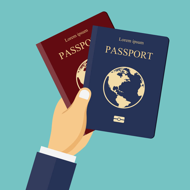 手に赤と青のパスポート。旅行、休暇、休暇のための概念。フラットのベクトル図. - ベクター画像