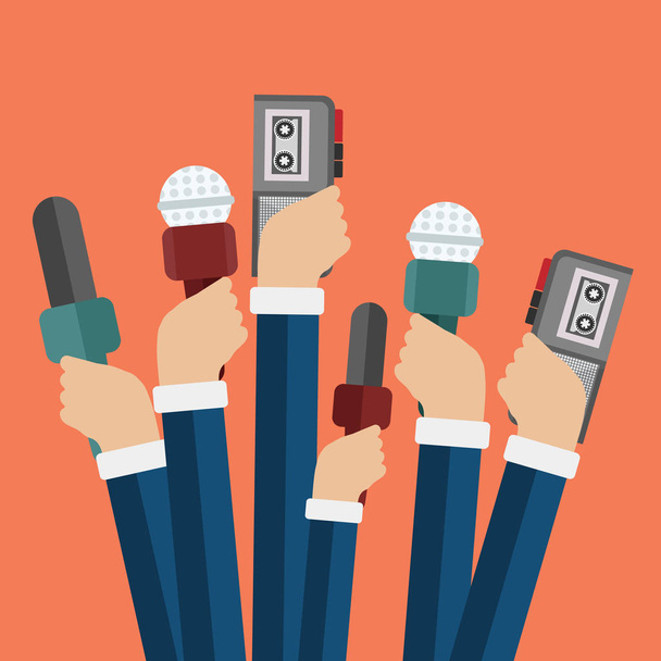Microphones in reporter hands. Set of microphones and recorders isolated on blue background. Mass media, television, interview, breaking news, press conference concept. Flat vector illustration. - Vector, Image