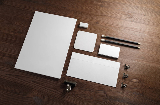 Blank stationery mock-up. Template for branding identity on wood table background. - Photo, Image