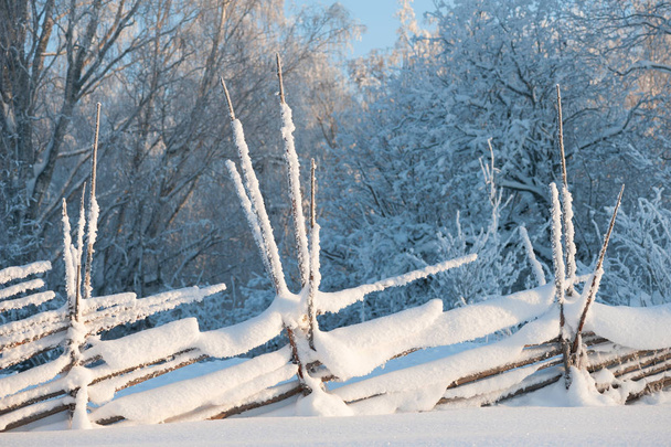Cerca de madeira velha coberta de neve. Paisagem de inverno na Finlândia
. - Foto, Imagem