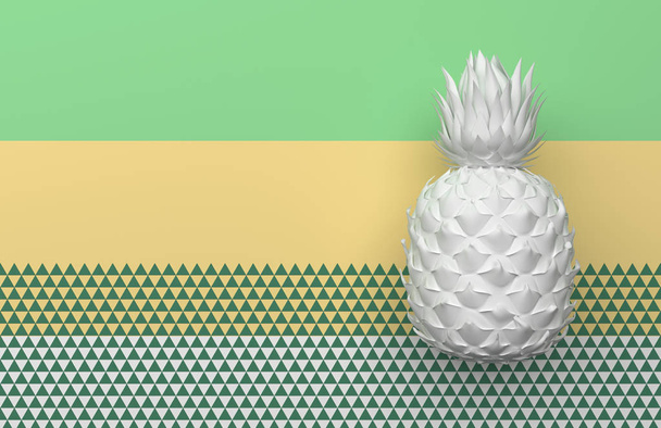 Un ananas bianco isolato su uno sfondo con una striscia e triangoli verde chiaro, giallo e bianco. Frutto esotico tropicale con motivo geometrico. Rendering 3D
. - Foto, immagini