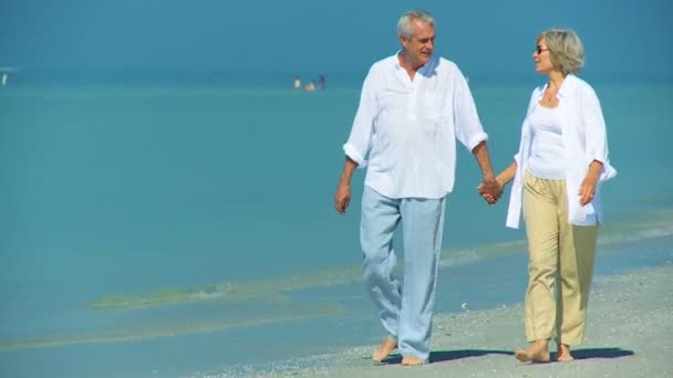 důchodci pár naboso na pláži - Záběry, video