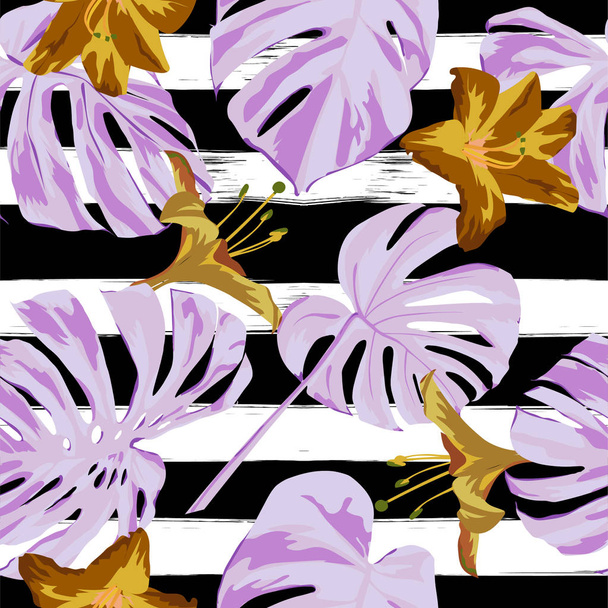 Tropical Print. Jungle Seamless Pattern. Vector Tropic Summer Motif with Hawaiian Flowers.  - Vektori, kuva
