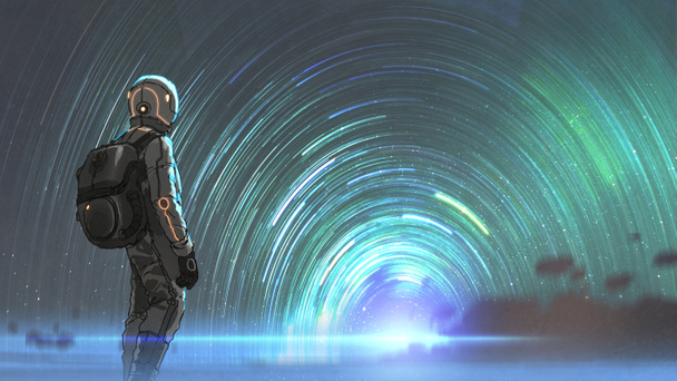 science fiction scene of the astronaut standing in front of starry tunnel entrance, digital art style, illustration painting - Photo, Image