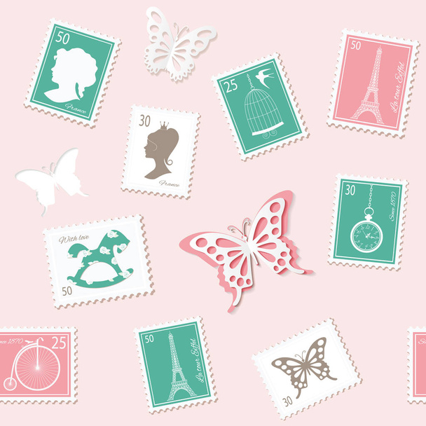 Vintage postal seamless background with different retro stamps. Decorative pattern in pastel pink. For wedding or scrapbook design. Vector illustration. - Vector, Imagen