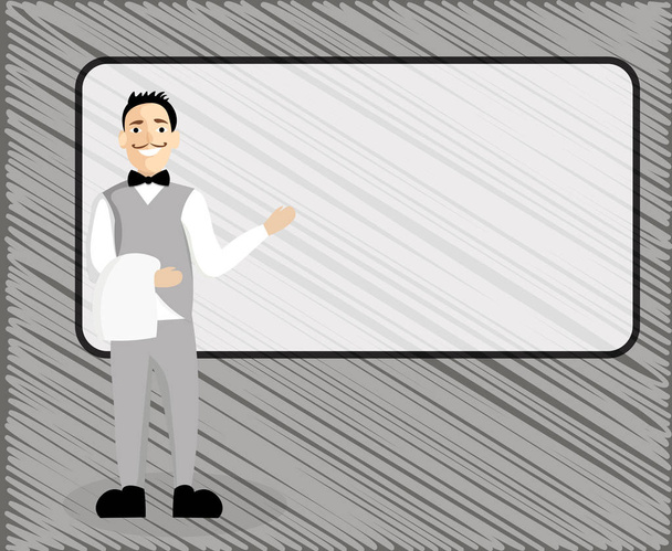 Plochý design podnikání vektorové ilustrace koncept prázdný kopie prostor moderní abstraktní pozadí geometrické prvek mužské číšník s úsměvem stojící v jednotné ruku představující prázdné Menu Board - Vektor, obrázek