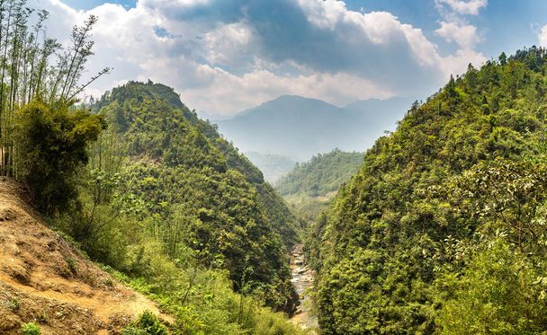 Panorama of Mountain river in Sapa, Lao Cai, Vietnam in a summer day - Fotoğraf, Görsel