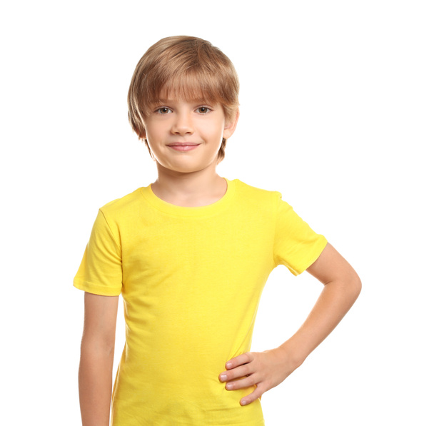 Little boy in t-shirt on white background - Foto, Imagen