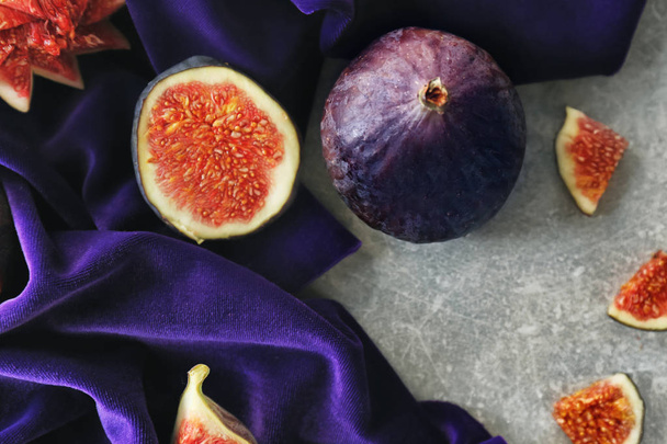 Fresh ripe purple figs on table, top view - Photo, Image