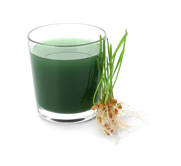 Glass of wheat grass juice on white background - Φωτογραφία, εικόνα