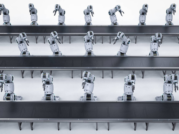 Concept de l'industrie de l'automatisation avec chaîne d'assemblage de robots de rendu 3d en usine - Photo, image