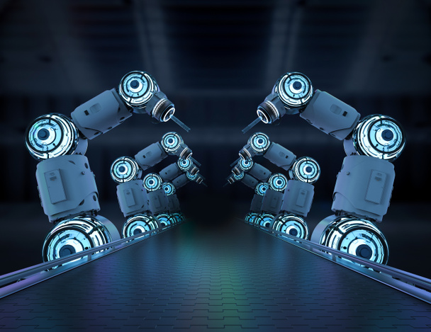 Conceito da indústria de automação com linha de montagem de robô de renderização 3d na fábrica - Foto, Imagem