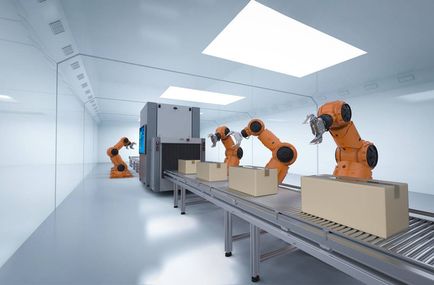Concetto di industria di automazione con linea di assemblaggio robot di rendering 3d in fabbrica - Foto, immagini