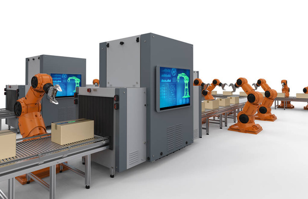 Automatisierungsbranchenkonzept mit 3D-Rendering-Roboter-Montagelinie in der Fabrik - Foto, Bild