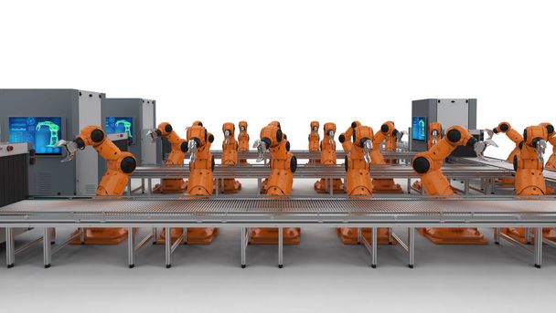 Automatizace průmyslu koncept s 3d vykreslování robota montážní lince v továrně - Fotografie, Obrázek