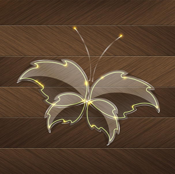 blad glas vlinder met een geel neon licht op een houten achtergrond - Vector, afbeelding