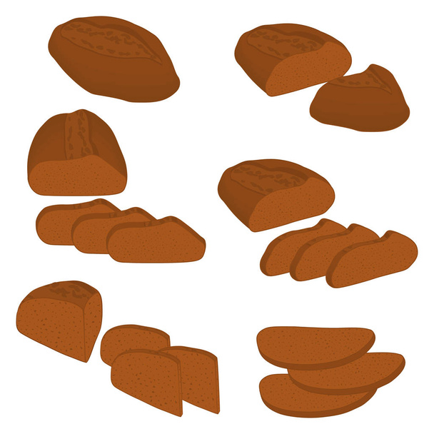Vector illustration of set of baked bread, dark rye brick, soft baguette for bakery. Bread consisting of bakery natural tasty wheat food in sliced toasts. Bakery fresh cereal bread with various sorts - Vector, Image