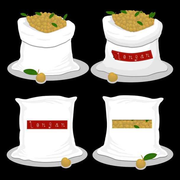 Διανυσματικά εικονογράφηση εικόνα λογότυπο για τσάντες γεμάτες φρούτα κίτρινο longan, αποθήκευσης σε σάκους. Longan μοτίβο αποτελείται από ώριμα τροφίμων, ακατέργαστο προϊόν σε ανοικτή σάκο. Νόστιμο longan από οικολογικό σάκο, πλήρη φαρδιά τσάντα - Διάνυσμα, εικόνα
