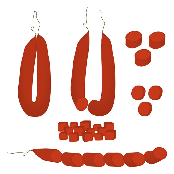 Vector icon illustration logo for set whole sausage salami, slice pork ham. Sausage pattern consisting of natural tasty food meat, half frankfurter. Eat fresh raw smoked beef sausage on health. - Vector, Image