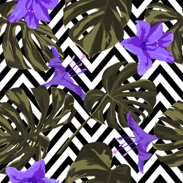 Tropical Print. Jungle Seamless Pattern. Vector Tropic Summer Motif with Hawaiian Flowers.  - Вектор, зображення